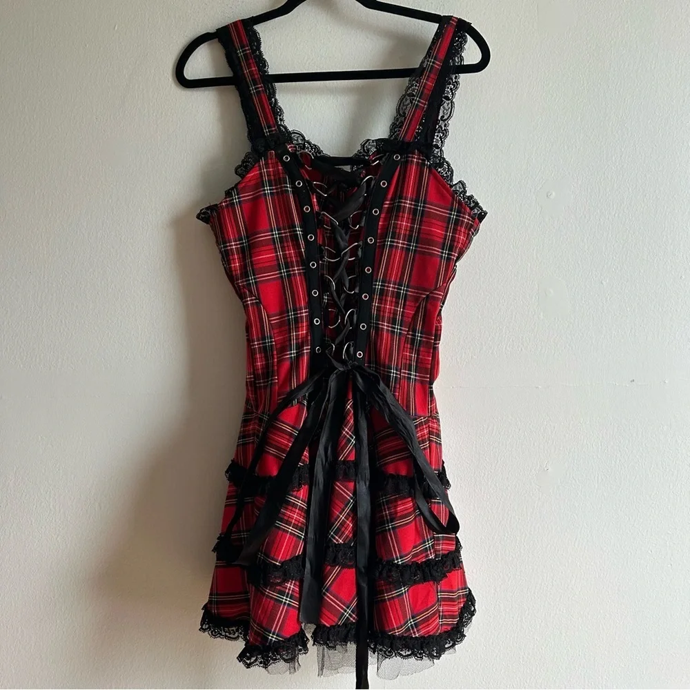 Hearts And Roses Sz 10 Harley Tartan Plaid Lace Emo Goth Mini Dress - Picture 2 of 12